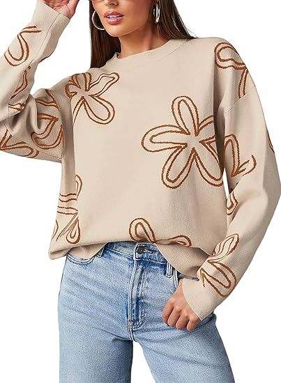 Dokotoo Sweaters for Women Casual Crewneck Long Sleeve Floral Print Cable Knit Pullover Sweater T... | Amazon (US)