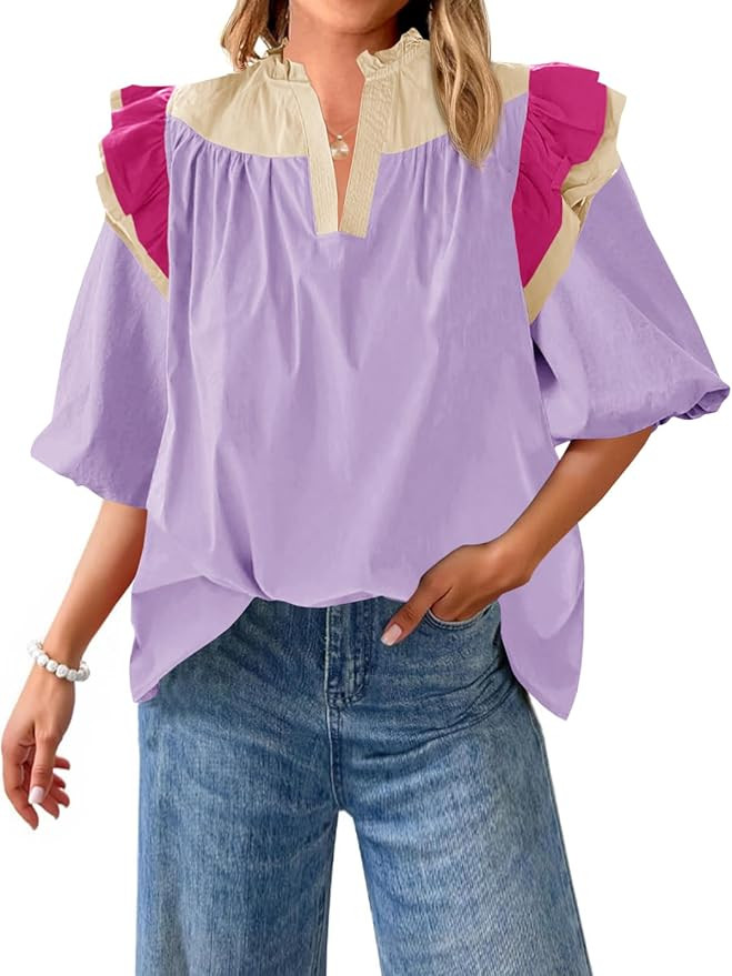 Tankaneo Womens Color Block Ruffle Tops Dressy Casual Puff Half Sleeve V Neck Cotton Blouses Plea... | Amazon (US)