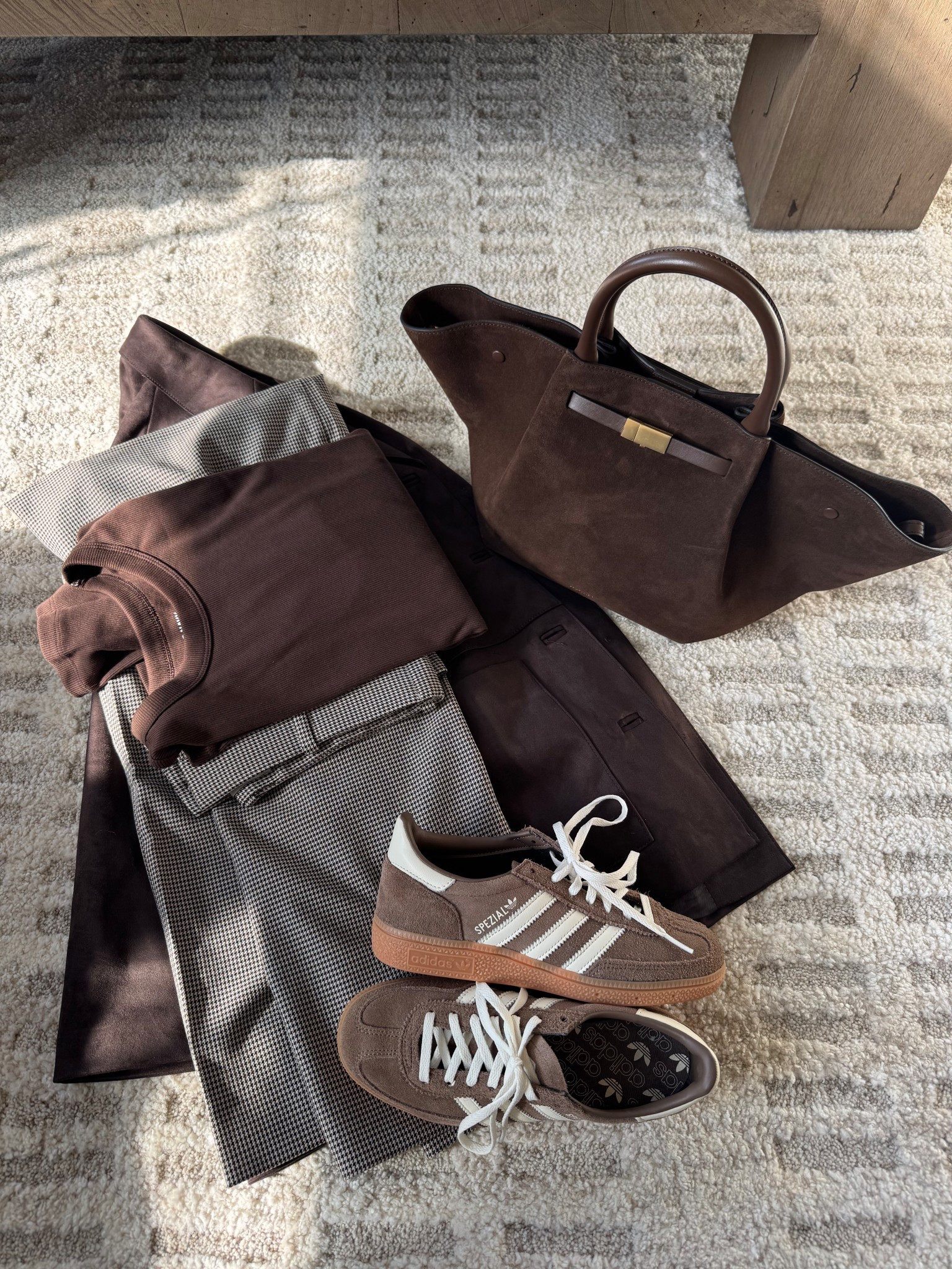 Fall outfit flay lay 🤎🍂 I’ll be living in these chocolate brown tones. 

Fall outfit, outfit, pants, adidas spezial, demellierbag, suede bag, jacket pants, casual outfit, shoes, sneakers, bag, 

#LTKItBag #LTKShoeCrush #LTKNYFW