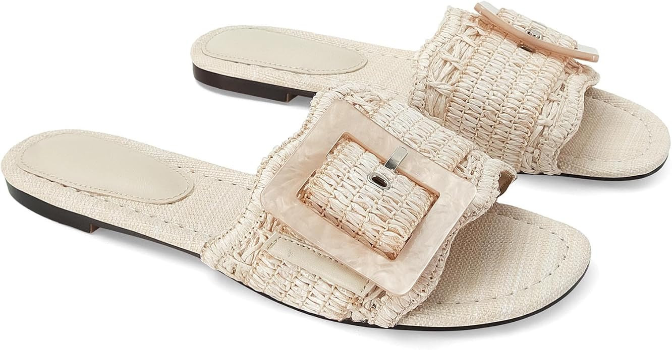 Raffia Sandals for Women Buckle Straw flats Woven Braided Rattan Slides Summer Beach Sandals Comf... | Amazon (US)