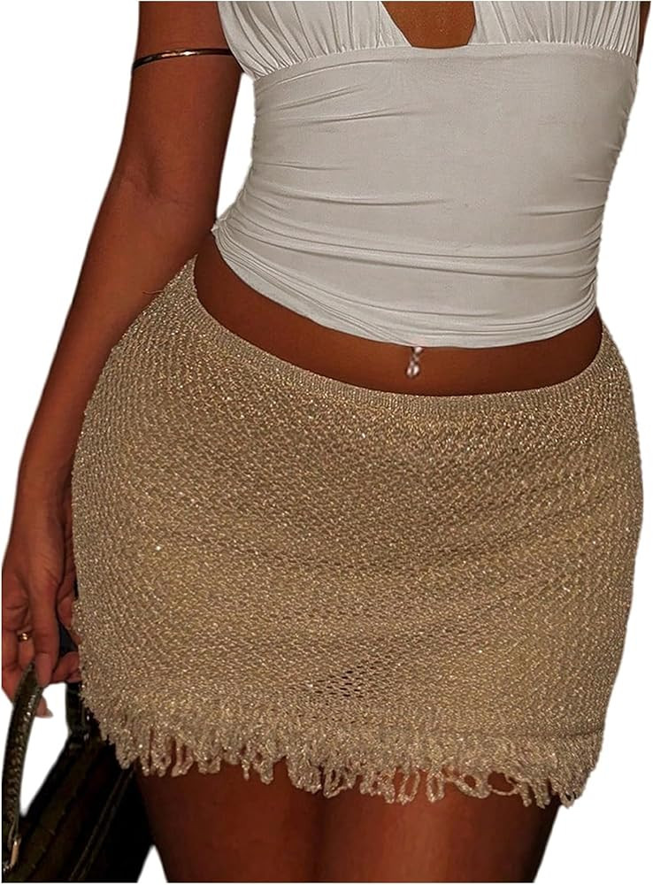 MakeMeChic Women's Summer Sparkly Fringe Mini Skirt Crochet Low Waist Knit Party Beach Skirts Cov... | Amazon (US)