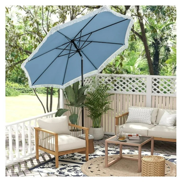 9 FT Patio Umbrella with Fringe, Outdoor Tassel Umbrella with Push Button Tilt, Crank, 8 Ribs, Ve... | Walmart (US)