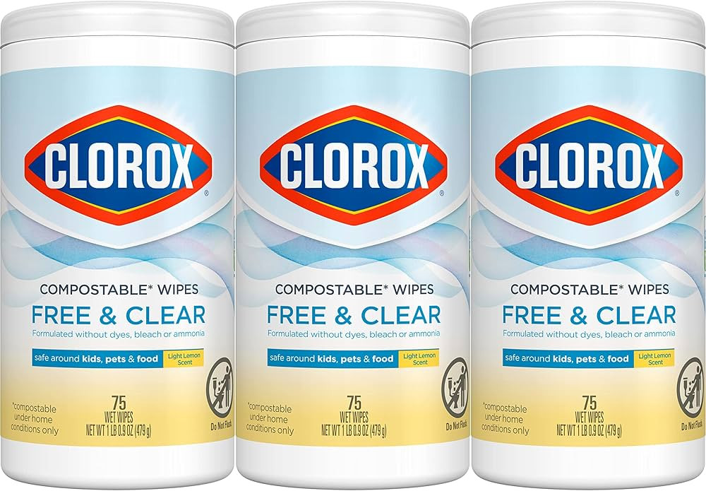 Clorox Free & Clear Compostable Cleaning Wipes, Light Lemon Scent, 75 Count, Pack of 3 (Pack May ... | Amazon (US)