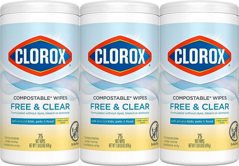 Clorox Free & Clear Compostable Cleaning Wipes, Light Lemon Scent, 75 Count, Pack of 3 (Pack May ... | Amazon (US)