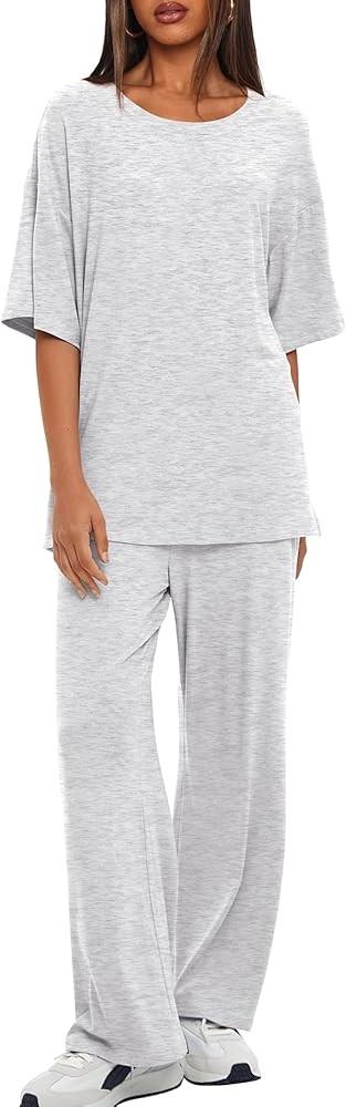 Darong Women's Two Piece Outfits Sets Loose Short Sleeve Side Slit Top Wide Leg Pants Lounge Sets... | Amazon (US)