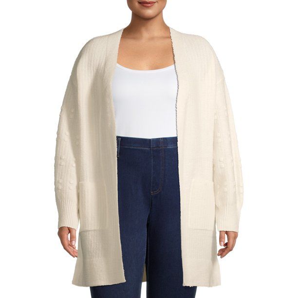 Terra & Sky Women's Plus Size Open-Front Super Soft Duster Cardigan with Popcorn Stitch Sleeves | Walmart (US)