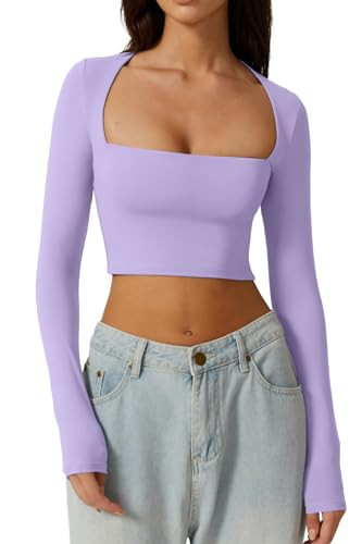 QINSEN Women's Sexy Square Neck Crop Top Long Sleeve Slim Fit Cropped T Shirts Purple XS | Amazon (US)