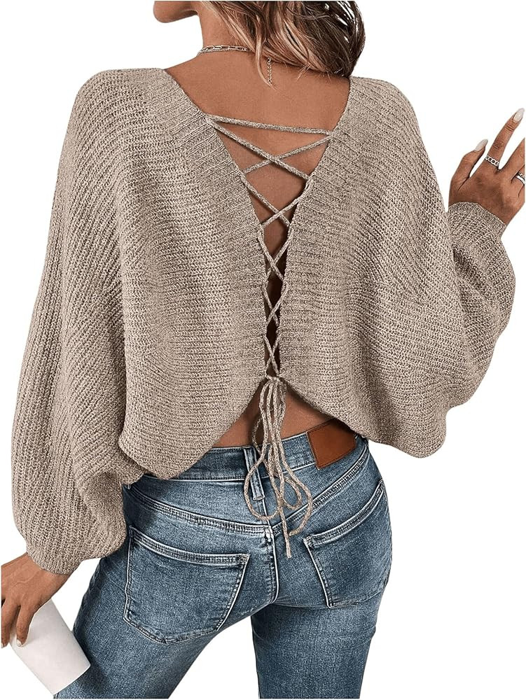 Women's Off Shoulder Lace Up Open Back Sweaters Long Sleeve Loose Pullovers Casual Knit Fall Tops | Amazon (US)