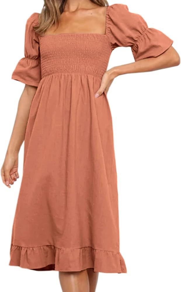 XIONGMEI Women Summer Short Puff Sleeve Square Neck Dress Smocked A-Line Solid Color Ruffle Flowy Sw | Amazon (US)