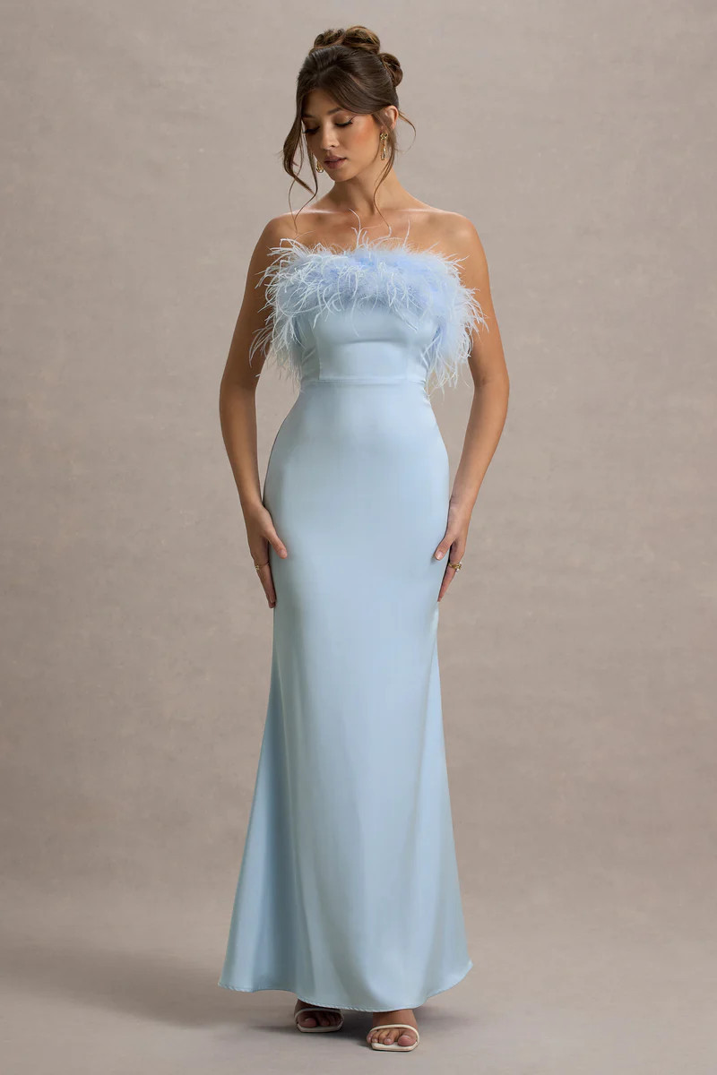 Dress For It | Powder Blue Satin Feather Trim Bandeau Maxi Dress | Club L London