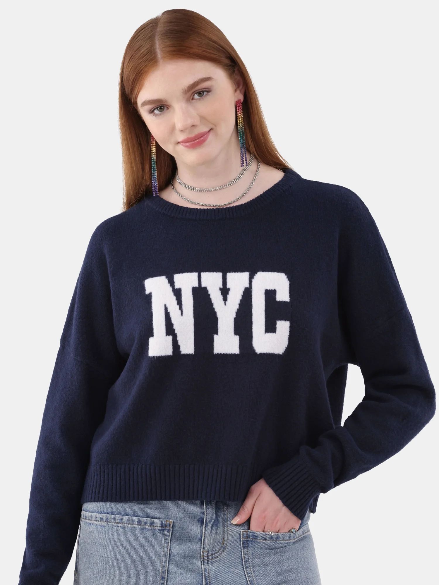 No Boundaries Cropped Conversation Sweater, Midweight, Women’s and Women's Plus Sizes XXS-2XL | Walmart (US)