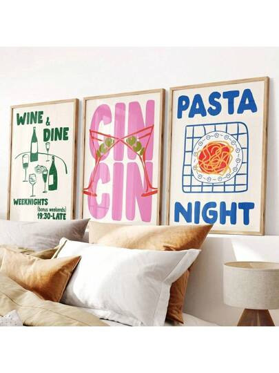 1pc/3PCS Fashion Cin Wine Pink Minimalist Kitchen Canvas Wall Art Print, Retro Wine Poster, Pasta... | SHEIN