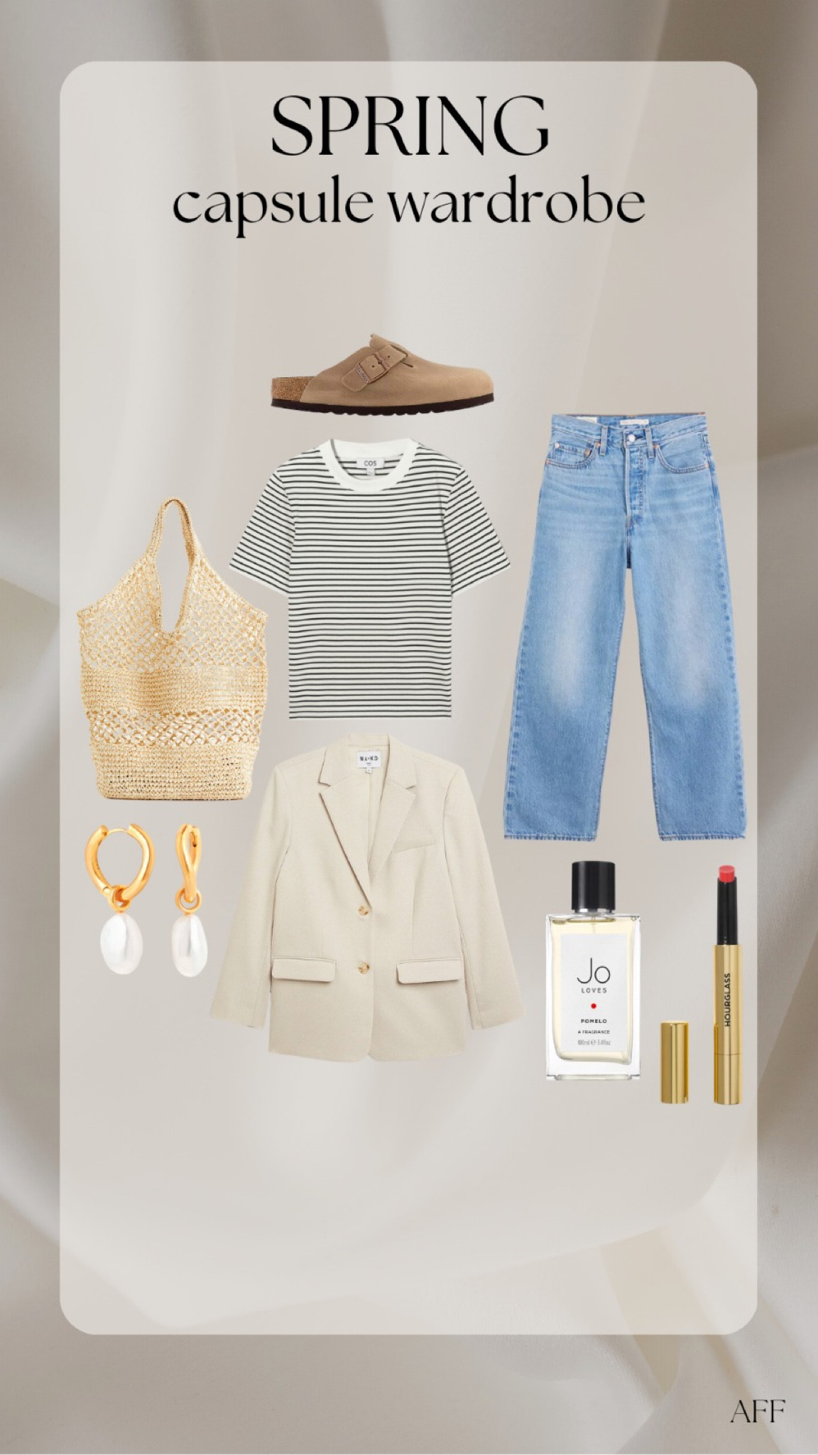 Spring capsule wardrobe outfit ideas - Levi’s ribcage blue jeans, cos striped t shirt, beige blazer, H&M crochet beach bag, Astrid & miyu gold jewellery, Jo loves pomelo perfume, hourglass phantom glossy balm, Birkenstock Bostons  

#LTKstyletip #LTKSeasonal #LTKeurope