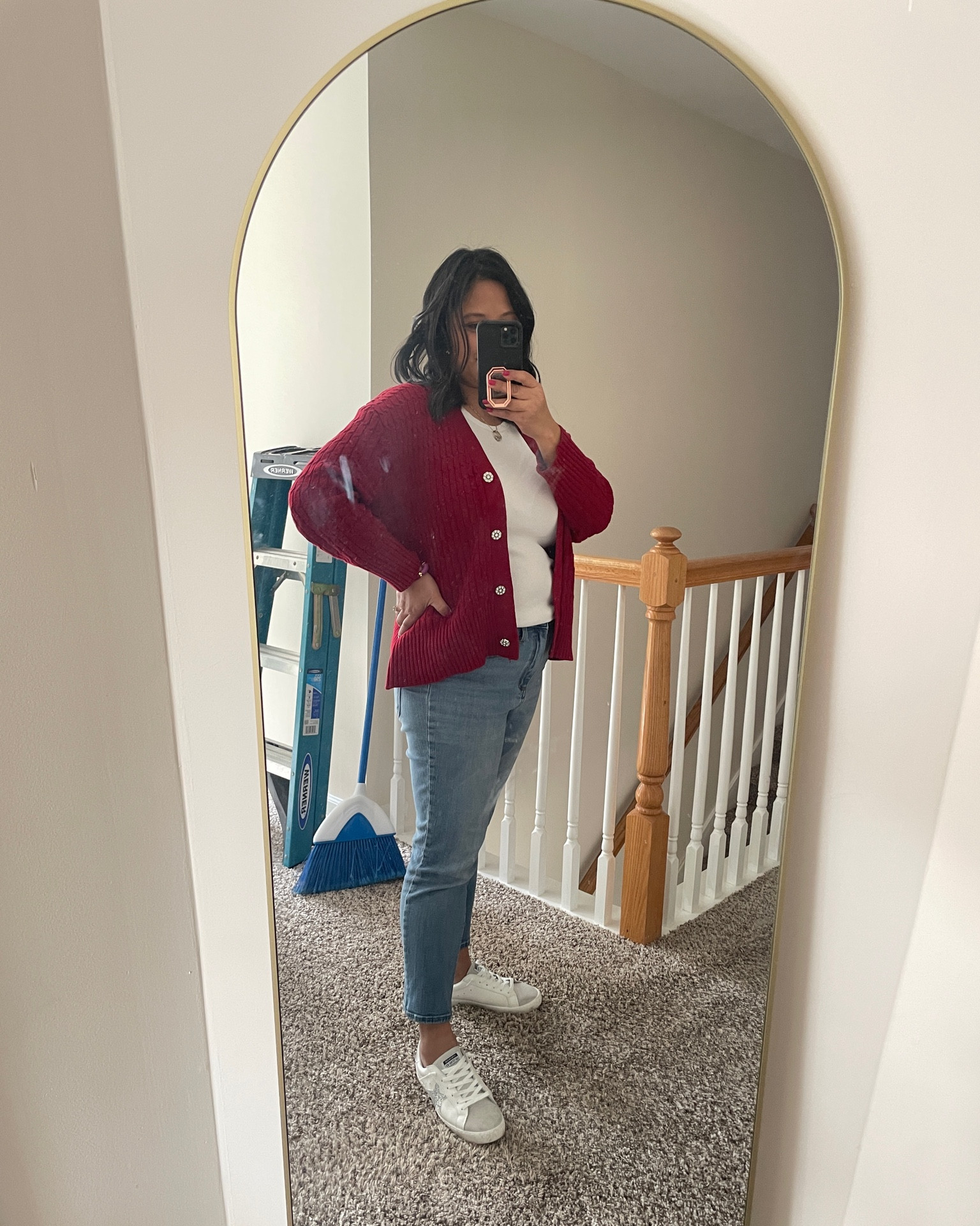 Granny style in full action. Maroon cardigan, button up cardigan, mom jeans, white sneakers, vintage havianas 

#LTKshoecrush #LTKover40 #LTKmidsize