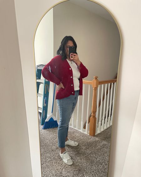 Granny style in full action. Maroon cardigan, button up cardigan, mom jeans, white sneakers, vintage havianas 

#LTKshoecrush #LTKover40 #LTKmidsize