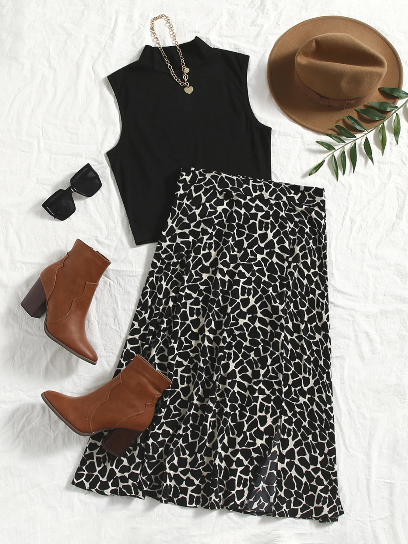 SHEIN Frenchy Solid Mock Neck Tank Top & Allover Print Skirt | SHEIN