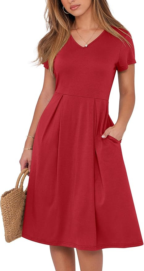 ANRABESS Women Summer Dress Casual Short Sleeve V Neck A-Line Knee Length Pleated Flowy 2025 Fash... | Amazon (US)