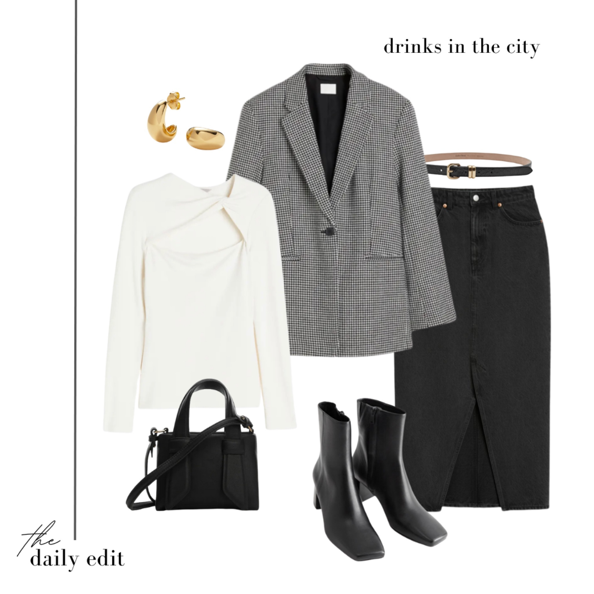 What to wear for drinks in the city this weekend 🍸

Autumn outfits, date night outfit, evening outfit inspiration, city outfit, denim midi skirt, H&M blazer, gold jewellery, bottega earrings dupe, transitional style, what to wear tonight, houndstooth blazer, leather boot heels, the daily edit, day to night look, classic outfits, easy outfits, ways to wear, ootd inspo, minimal fashion, timeless style, quiet luxury, capsule closet, ootn share 

#LTKeurope #LTKSeasonal #LTKstyletip