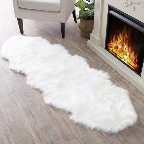 Walk on Me White Double Pelt Faux Fur Sheepskin Rug: Ultra Soft, Super Thick, Fluffy 2x6 Feet, Living Room, Bedroom, Office, Synthetic, Latex, Non-Slip | Amazon (US)