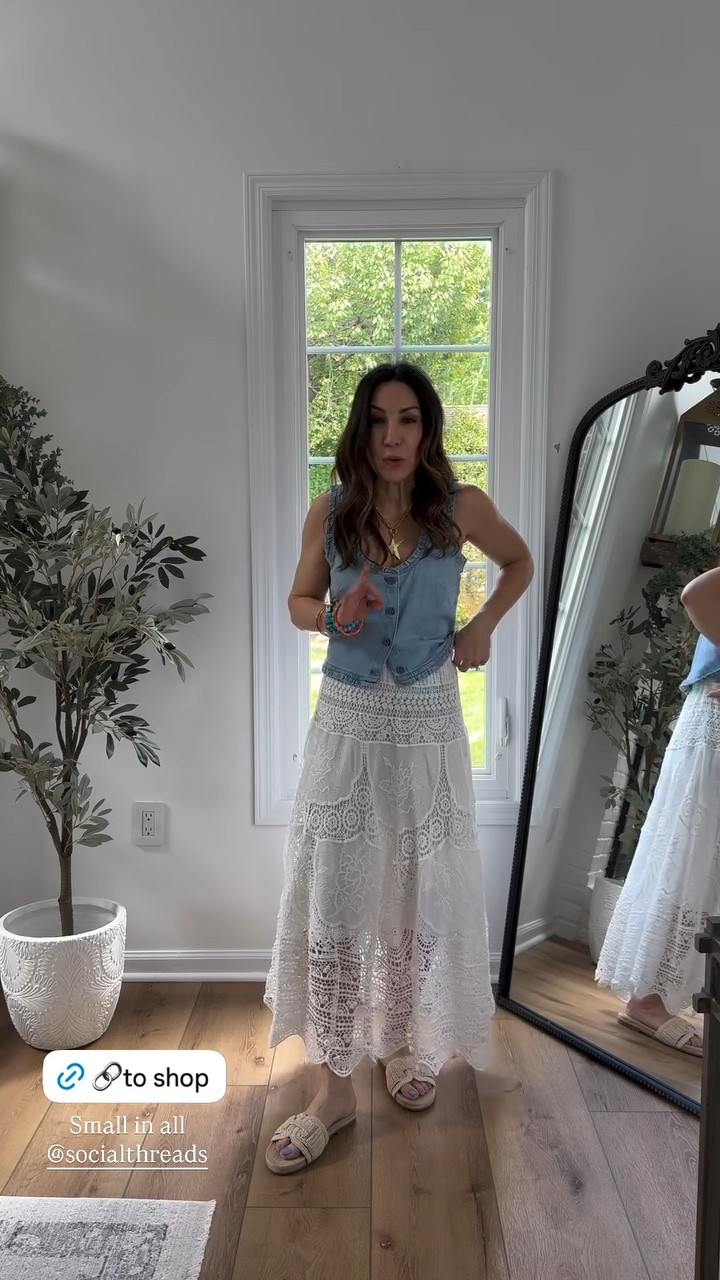 Small denim vest. Small white crochet skirt. Maxi skirt. Country concert outfit.

#LTKOver40