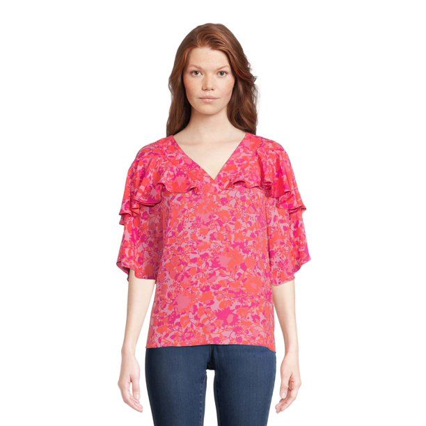 The Pioneer Woman V-Neck Flutter Sleeve Blouse, Women's - Walmart.com | Walmart (US)