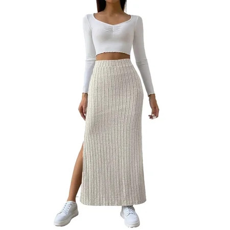 Pavied Pencil Skirt Long Skirt Skirts for Women Ribbed Knit Skirt With Slit Vintage Retro Skirts With Elastic Waistband High Waisted Skirts for Women Fall Skirt Clearance Items Beige 2XL | Walmart (US)
