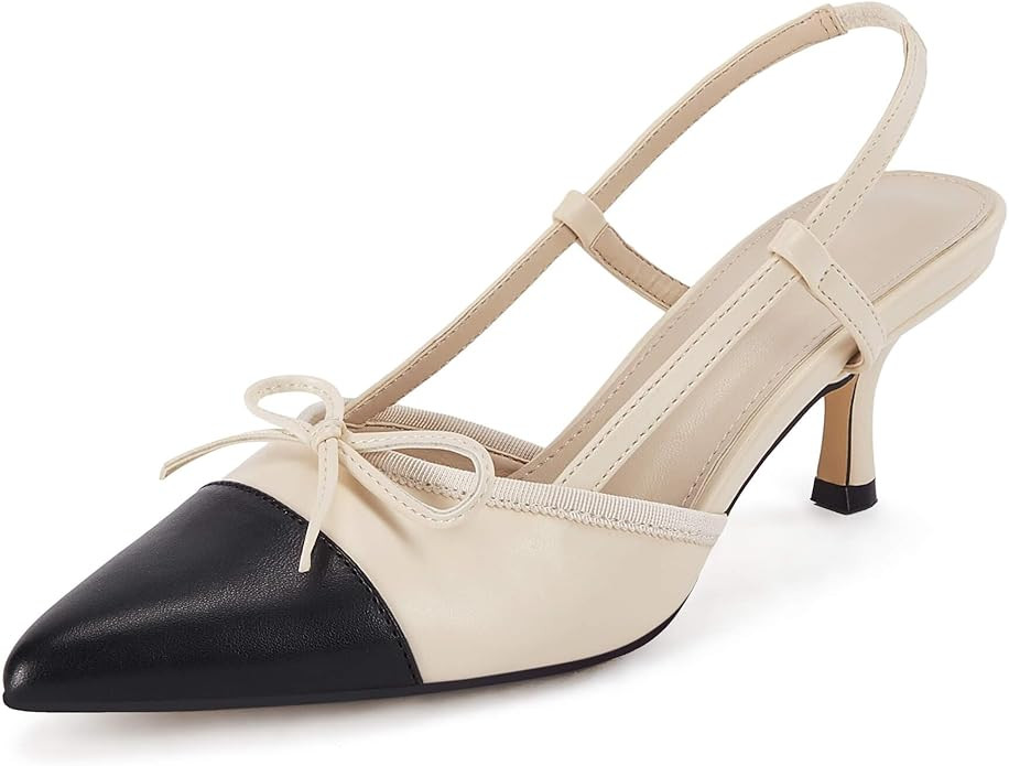 Coutgo Women's Bow Tie Slingback Pumps Pointed Toe Kitten Low Heel Patchwork Dress Heeled Sandals | Amazon (US)