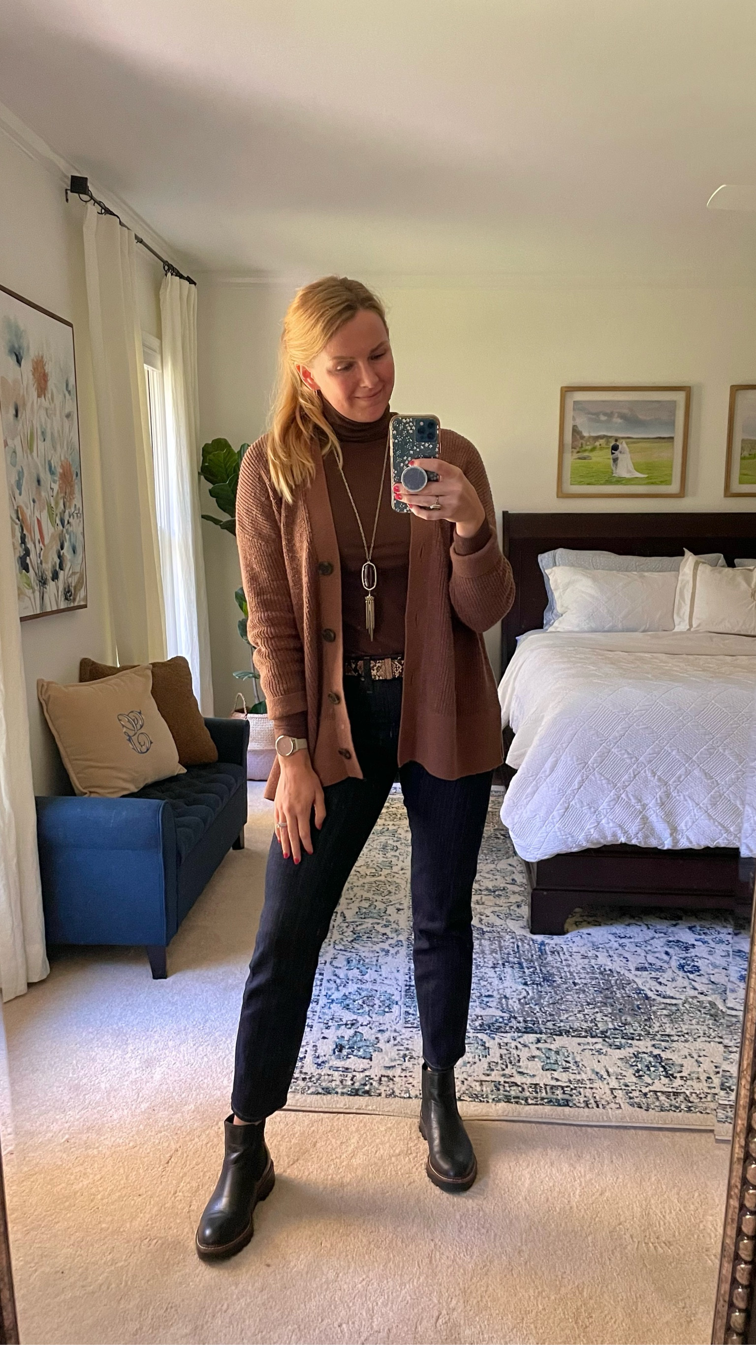 What I wore to work today - Brown ribbed turtleneck with dark blue straight leg jeans and button down cardigan. Accessorized with snakeskin belt, pendant necklace & boots

Wearing my normal size in everything 

casual fall work outfit idea



#LTKSeasonal