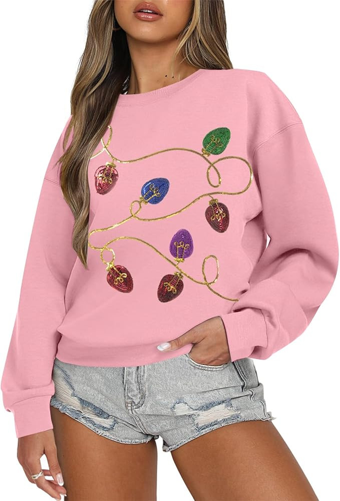 BANGELY Christmas Sequin Sweatshirt Women Christmas Light Sweatshirts Xmas Long Sleeve Shirts Hol... | Amazon (US)