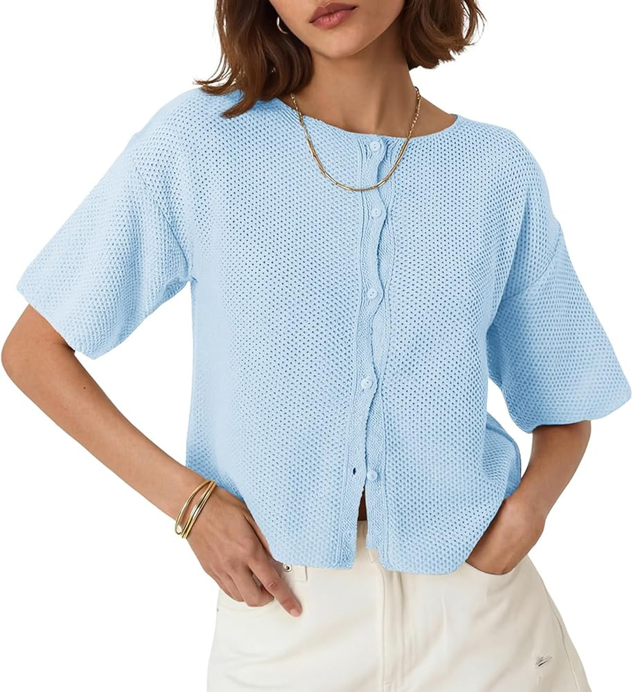 Saodimallsu Womens Short Sleeve Cardigan Summer Lightweight Button Down Waffle Knit Loose Crew Ne... | Amazon (US)