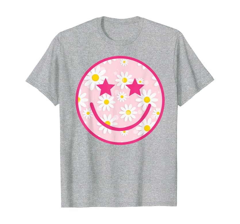 Funny Pink Happy Face Daisy Flower Shirt Smile Face Trendy T-Shirt | Amazon (US)