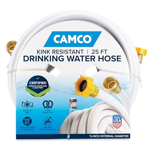 Camco TastePURE 25-Ft Water Hose - RV Drinking Water Hose Contains No Lead, No BPA & No Phthalate - Features Diamond-Hatch Reinforced PVC Design - 5/8” Inside Diameter, Made in the USA (22783) | Amazon (US)