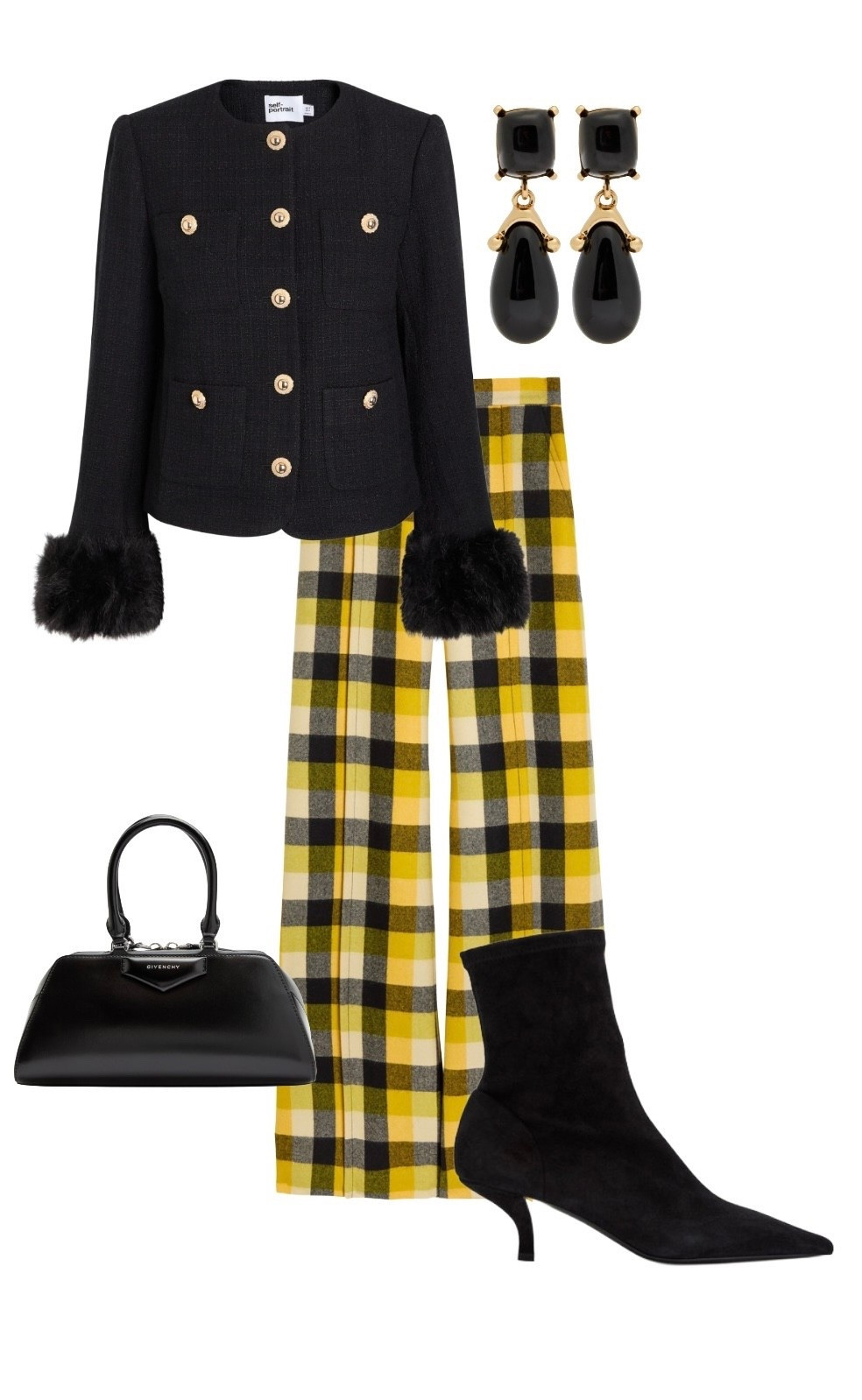 A virtual shopping trip at Harvey Nichols - one of my favourite department stores for top designer brands - where these stunning pieces caught my eye 🖤💫🖤

Black Faux Fur Trimmed Tweed Jacket - Self Portrait

Check Flared Trousers - Vivienne Westwood

Antigona East West Small Black Leather Top Handle Bag - Givenchy 

Black 50 Suede Pointed Ankle Boots - Toteme 

Black 22 carat gold plated Clip Drop Earrings - Kenneth Jay Lane 

#LTKeurope #LTKluxury #LTKwinter