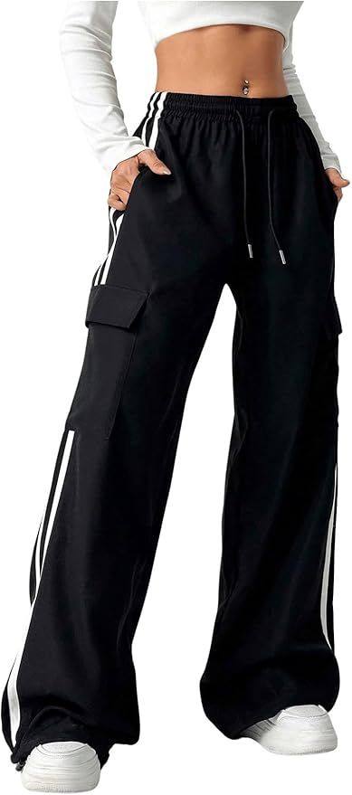 SOLY HUX Women's Parachute Pants Baggy Wide Leg Sweatpants Drawstring High Waisted Cargo Pants St... | Amazon (US)