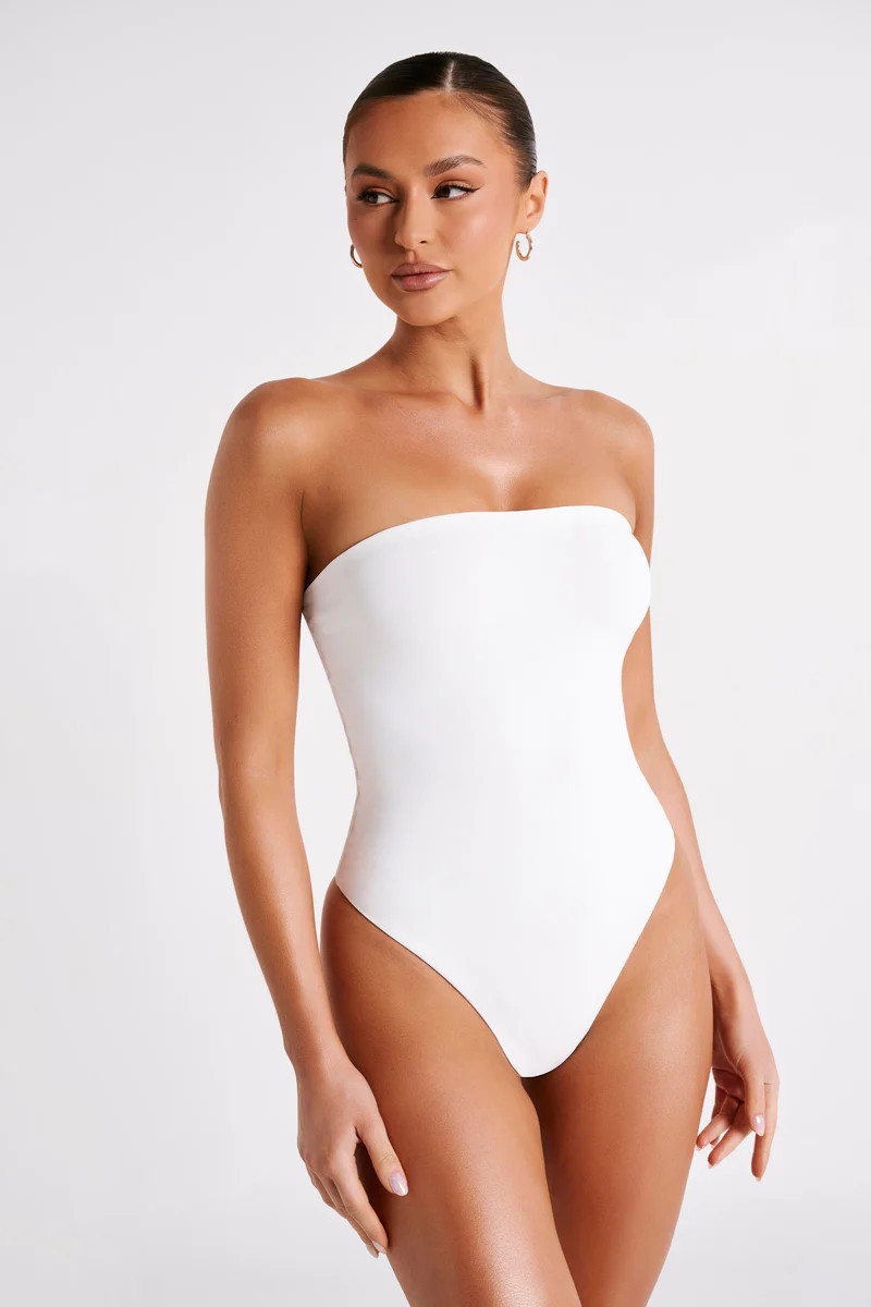 Leighton Recycled Nylon Strapless Bodysuit - White | MESHKI US