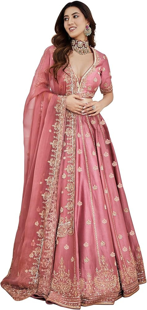 TRENDMALLS Women's Satin Embroidery Sequence Work Lehenga Choli Set with Dupatta For Women Ready to wear (L257-DarkPeach-S) | Amazon (US)