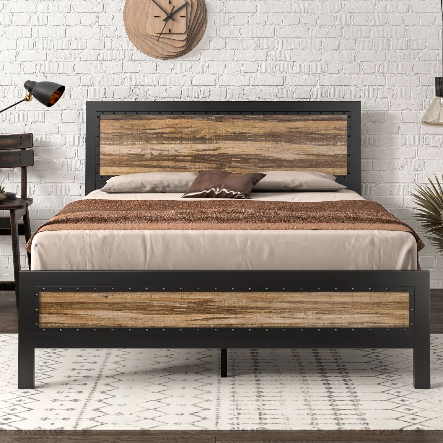 Allewie Brown Full Size Metal Platform Bed Frame with Rivet Headboard and Black Frame, Industrial... | Walmart (US)
