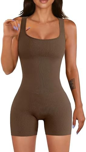 Women Workout Romper Yoga Ribbed Square Neck One Piece Seamless Tank Top Jumpsuit | Amazon (US)