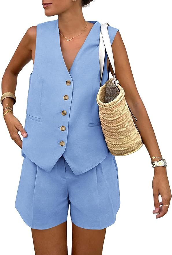 Pretty Garden Womens 2 Piece Suits Set Button Down V Neck Vest Sleeveless Tops And Pockets Shorts... | Amazon (US)