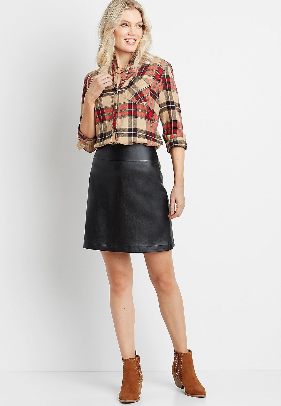 Black Faux Leather Bengaline Pull On Skirt | Maurices
