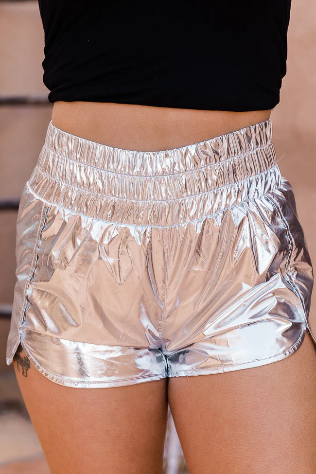 Errands To Run Silver Metallic High Waisted Athletic Shorts | Pink Lily