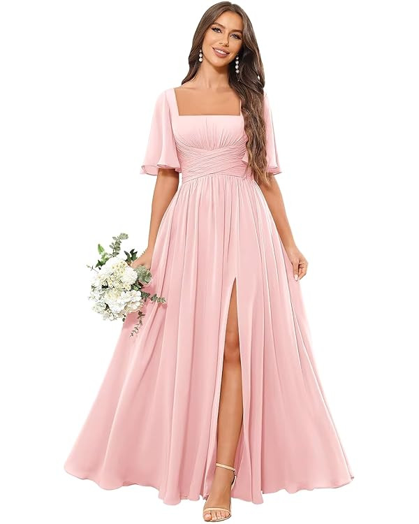 Square Neck Bridesmaid Dresses with Slit Pockets Chiffon Flutter Sleeve Long Formal Wedding Guest... | Amazon (US)