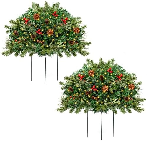 Outdoor Christmas Tree Frosted Urn Filler 2 Set, Pre-lit Artificial Xmas Tree with Cones & Red Be... | Amazon (US)