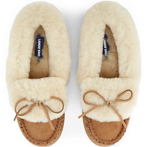 Women's Suede Leather Fuzzy Shearling Fur Moccasin Slippers | Lands' End (US)
