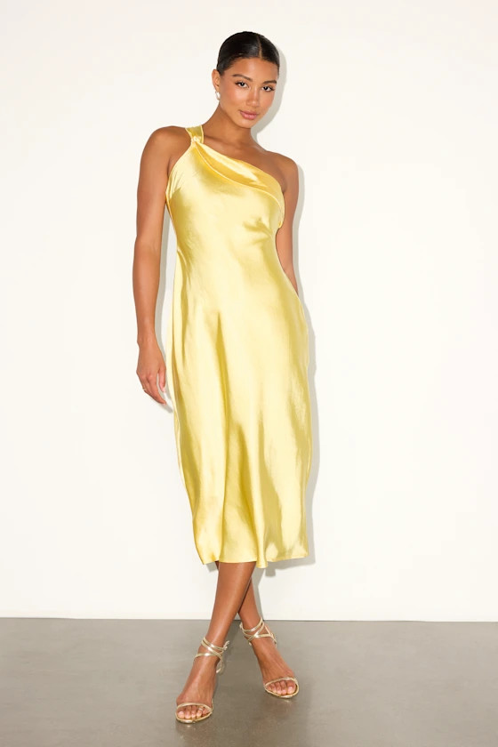 Naima Yellow Satin One-Shoulder Midi Dress | date outfit | summer date night | Lulus