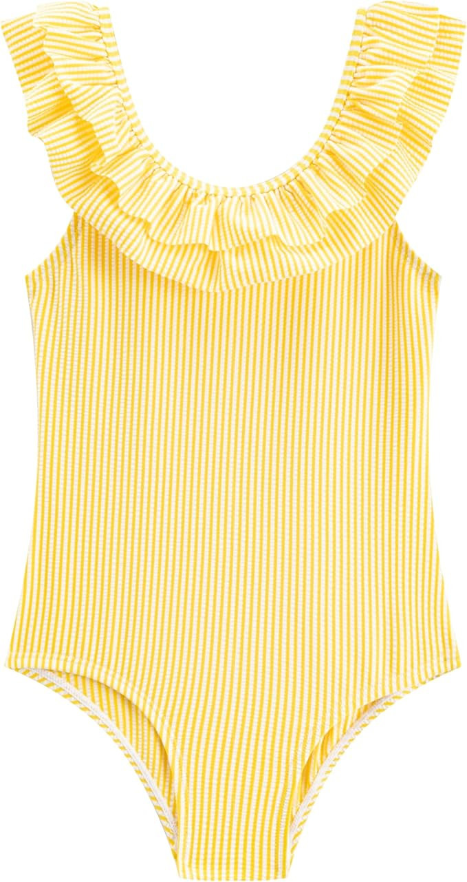 LIZENS Girls One Piece Swimwear Yellow Stripe Ruffle Striped Swimsuit for Kids 2-12 | Amazon (US)