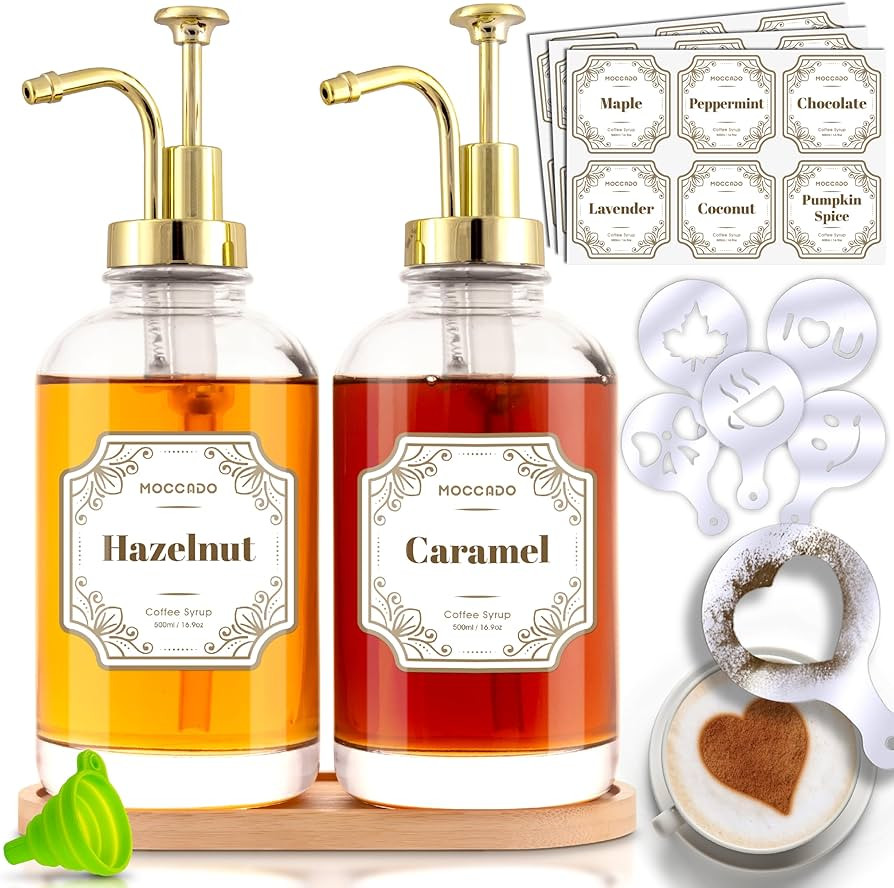 Coffee Syrup Dispenser with Pump Set of 2 - Syrup Dispenser for Coffee Bar with Tray, Coffee Sten... | Amazon (US)