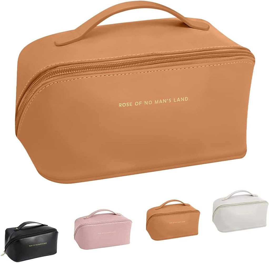 DAFUZ Leather Makeup Bag with Handle and Dividers - Large Capacity Travel Cosmetic Case for Women | Amazon (US)