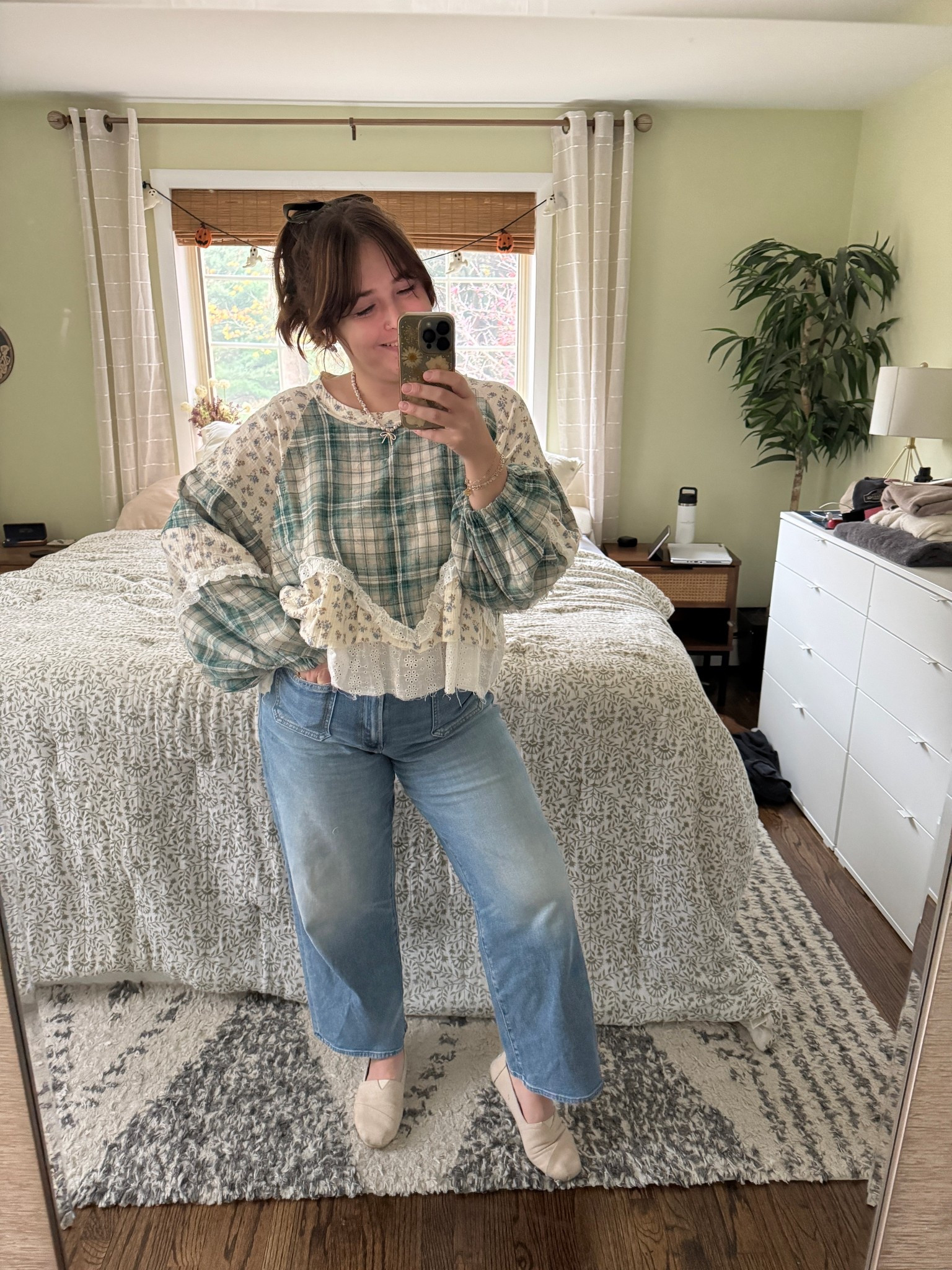 Cutest new patchwork ruffle blouse from yourdarlingstyle 😍 fits true to size! These wide leg jeans are also my favorite jeans ever. They also run TTS. Cute and casual outfit for a shopping day, brunch outfit and more

#LTKMidsize #LTKHoliday #LTKSeasonal