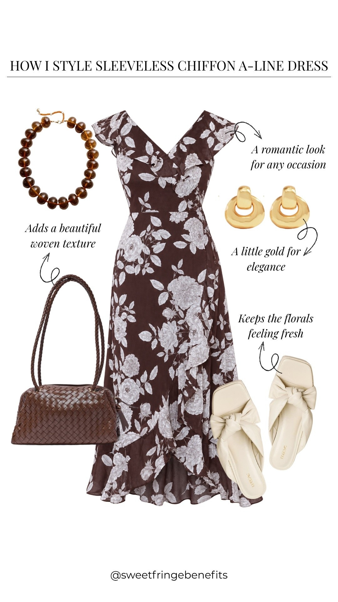 Oh, this floral chiffon dress is lovely! I’d keep the accessories simple with a woven bag, a little gold jewelry, and ivory sandals so that beautiful print gets all the attention.